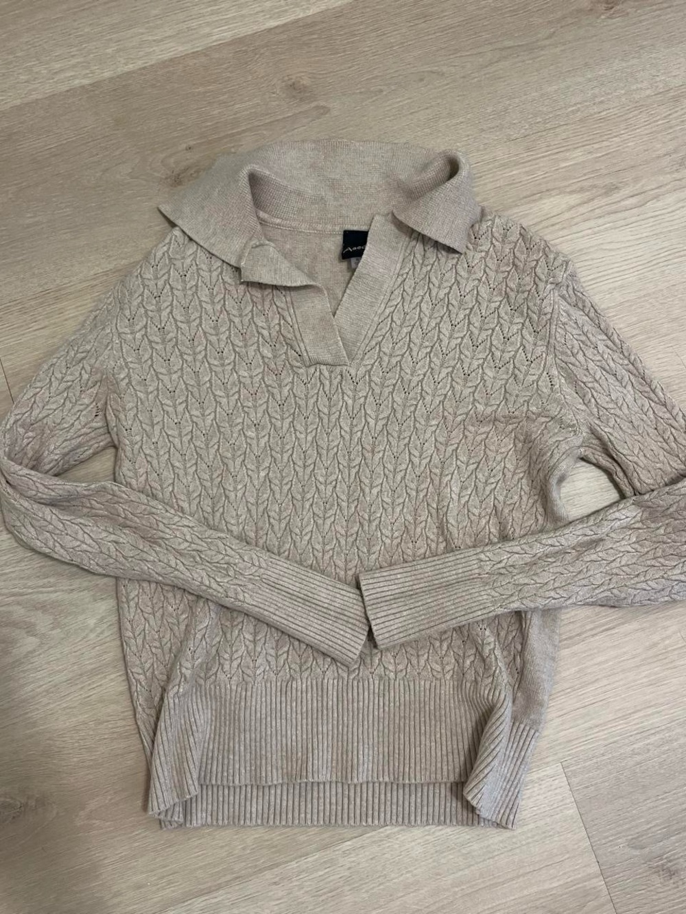 Beige Cable-Knit Collared Sweater